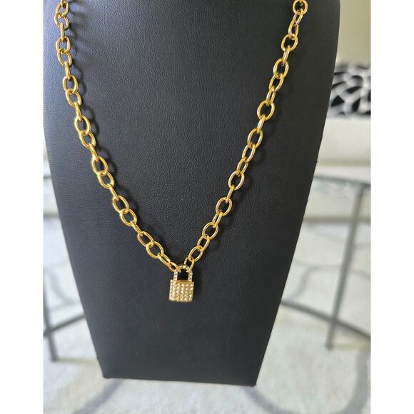 Stainless Steel Gold Rhinestone Lock Necklace New - Picture 2 of 4